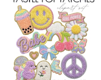 15 Preppy Pastel Pop Chenille Faux Patches Clipart Digital Graphics (PNG)