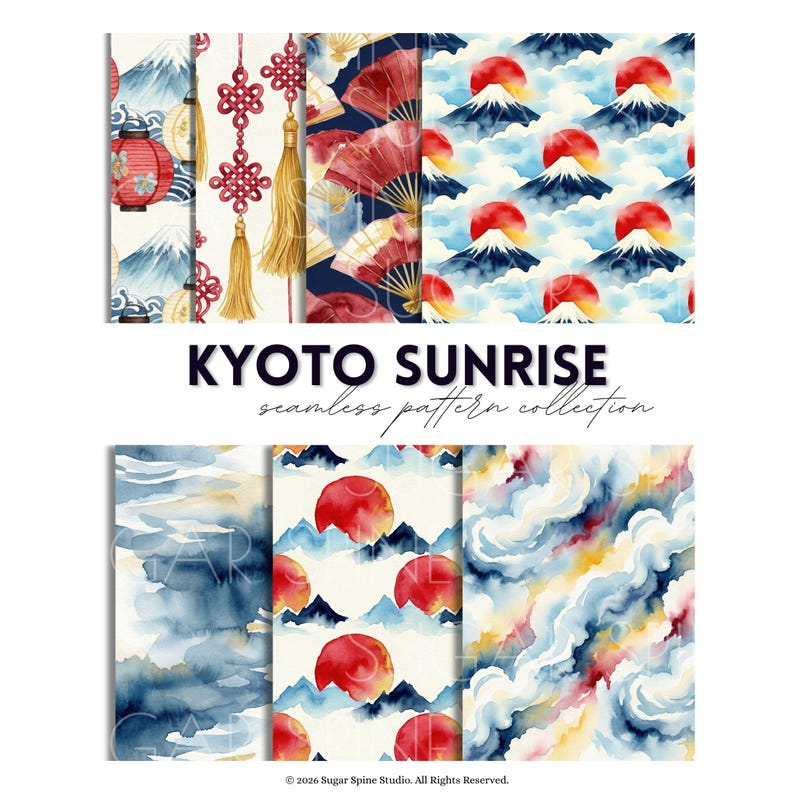 Japanese Watercolor Digital Paper Pack of Seamless Mt Fuji & Rising Sun ...