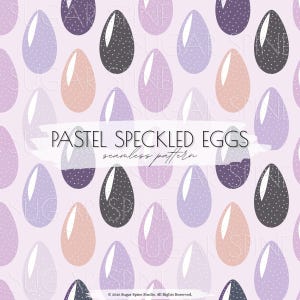 May include: A seamless pattern featuring pastel-colored speckled eggs in shades of purple, peach, and gray on a light pink background. The text "PASTEL SPECKLED EGGS seamless pattern" is overlaid on the image. The design is suitable for Easter-themed products.