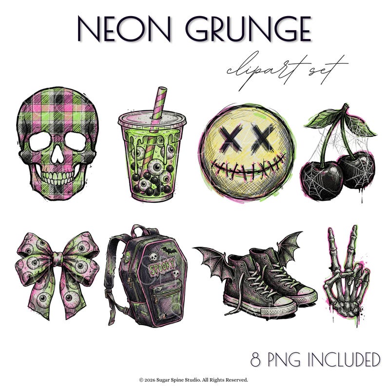 Neon Emo Grunge Clipart Bundle, Pop Punk Alt Stickers, Spooky Digital ...