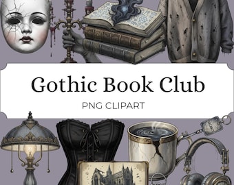 Dark Bookish Clipart Bundle, Gothic Library PNGs for Reading Journals and Fantasy Book Lovers
