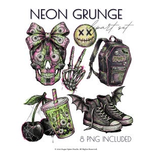 Paquete de imágenes prediseñadas de neón emo grunge, pegatinas alternativas de pop punk y elementos espeluznantes para álbumes de recortes digitales.