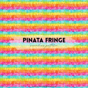 May include: A vibrant, colorful seamless pattern featuring horizontal rows of fringed rectangles in shades of yellow, orange, pink, and blue. The text "PINATA FRINGE seamless pattern" is displayed across the center.