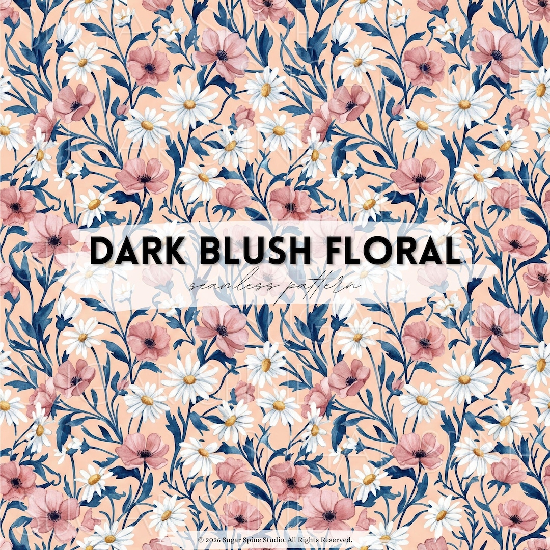 Watercolor Wildflowers in Navy & Blush Floral Seamless Pattern Digital ...