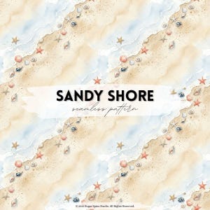 May include: A watercolour seamless pattern depicting a sandy shore with seashells and starfish. The design incorporates waves, sand, and a light blue sky. The text "SANDY SHORE seamless pattern" is visible across the image.