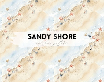 Sandy Shore Digital Paper - Watercolor Beach Sand and Shell Pattern