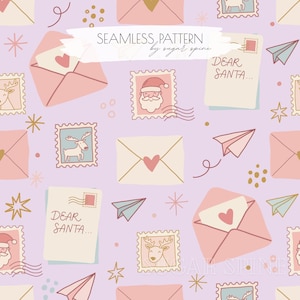 May include: A seamless pattern on a light purple background featuring pink envelopes with heart inserts, cream-coloured letters labelled Dear Santa, postage stamps with Santa Claus and reindeer illustrations, and light blue paper aeroplanes.
