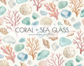 Watercolor Sea Glass and Coral Seamless Pattern Repeat (PNG JPG)