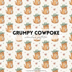 Könnte beinhalten: Nahtloses Muster mit Illustrationen von orangefarbenen Tabby-Katzen, die grüne Cowboyhüte tragen und Kaffeetassen halten. Der Text "GRUMPY COWPOKE" ist mittig platziert, darunter steht "seamless pattern".