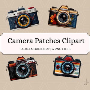 May include: Four faux-embroidery camera patches in various colors, including blue, black, and orange. Each patch features a detailed camera design with a lens and decorative elements. The text "Camera Patches Clipart" and "FAUX-EMBROIDERY | 4 PNG FILES" are also present.