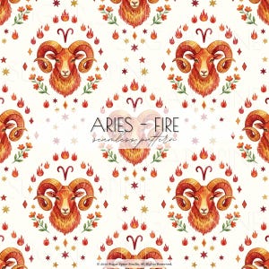 Könnte beinhalten: Ein nahtloses Muster mit einem sich wiederholenden Design eines Widderkopfes, umgeben von Flammen, Blumen und Sternen. Der Widder ist in Orange- und Rottönen gehalten, mit dem Text "ARIES - FIRE seamless pattern" in der Mitte. Der Hintergrund ist cremefarben.