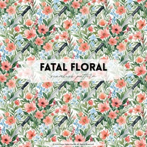 Puede incluir: Patrón continuo con flores color coral, detalles azules, hojas verdes y cuchillos plateados. El texto "FATAL FLORAL seamless pattern" está presente. El diseño se presenta sobre un fondo blanco. Un diseño floral y de cuchillos único.