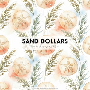 May include: Watercolor seamless pattern featuring sand dollars and sprigs of greenery on a white background. The text "SAND DOLLARS seamless pattern" is displayed in black. The design includes soft peach and blue watercolor washes.