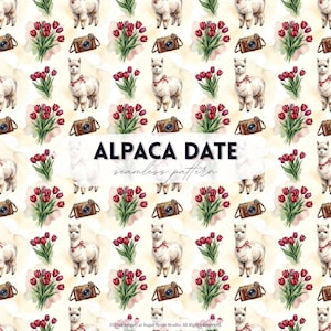 May include: A repeating pattern featuring white alpacas with red heart necklaces, vintage cameras, and bouquets of red tulips on a cream background. The text "ALPACA DATE seamless pattern" is displayed in the center.