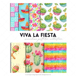 May include: A collection of watercolor seamless patterns with a festive theme. Designs include sombreros, flowers, guacamole, maracas, cacti, and a colorful piñata. The text "VIVA LA FIESTA" is displayed. Copyright 2025.