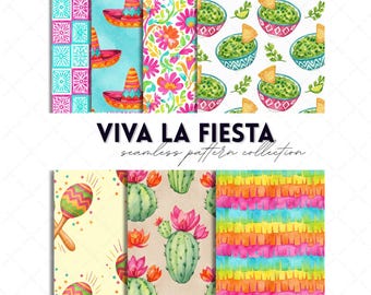 Fiesta Watercolor Digital Paper Pack of Seamless Mexican Patterns + Cinco de Mayo Backgrounds