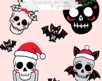 Patrón sin costuras de calavera gótica / Papel digital navideño oscuro para álbum de recortes navideño espeluznante PNG