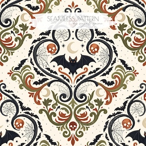 May include: A seamless pattern featuring a repeating damask-style design on a cream background. The illustration includes black bats, orange skulls, white spiderwebs, and crescent moons, with green and orange scrolling vines. Text reads SEAMLESS PATTERN by sugar spine.