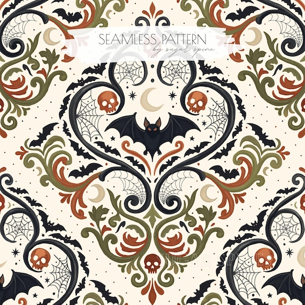 Gothic Bat Damask Seamless Pattern | Dark Halloween Digital Paper PNG