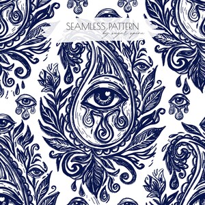 May include: A seamless pattern featuring dark blue ink-style illustrations on a white background. The design includes teardrop shapes containing detailed eyes with dripping liquid, surrounded by ornate leaves and floral elements. Text reads SEAMLESS PATTERN by sugar spine.