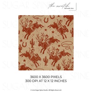 May include: A repeating pattern featuring a cowboy riding a deer, with cacti, stars, horseshoes, and ropes. The design is in shades of brown and tan. The text "the swatch" is at the top. The image dimensions are 30.48 x 30.48 cm.