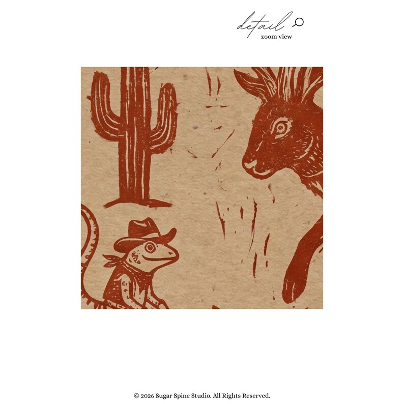 May include: A detailed print showing a cactus, a rabbit, and a lizard in a cowboy hat and bandana. The illustrations are reddish-brown on a tan background. The text "detail zoom view" is at the top.
