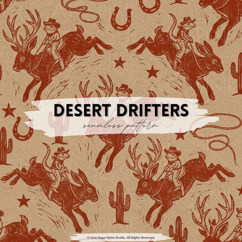 May include: A repeating pattern with a lizard cowboy riding a deer or rabbit, cacti, stars, horseshoes, and ropes in brown shades on a tan background. The text "DESERT DRIFTERS seamless pattern" is displayed. A western-themed design.