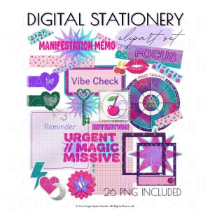 Puede incluir: Conjunto de imágenes prediseñadas de papelería digital con una variedad de elementos coloridos. Incluye texto como "Manifestation Memo", "Vibe Check" y "Urgent // Magic Missive". Presenta corazones, estrellas, llaves y un rastreador de estado de ánimo.
