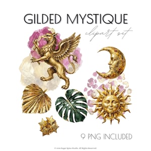 May include: A digital clipart set titled "Gilded Mystique" featuring a golden griffin, sun, moon, stars, and tropical leaves. The set includes 9 PNG images with watercolor and gold foil effects. The text "9 PNG INCLUDED" is visible.