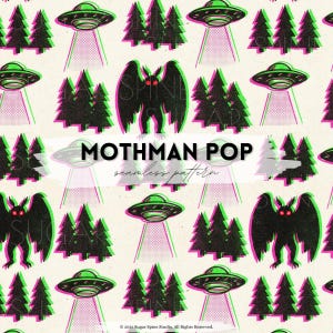 Könnte beinhalten: Ein sich wiederholendes Muster mit schwarzen Mothman-Figuren, grünen und pinkfarbenen UFOs und stilisierten schwarzen Bäumen auf cremefarbenem Hintergrund. Der Text "Mothman Pop seamless pattern" ist überlagert.