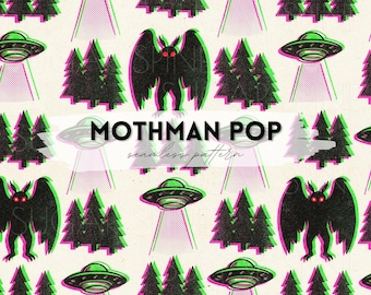 Mothman UFO Seamless Pattern, Cryptid Pop Art Digital Paper (JPG)