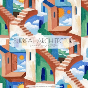 May include: A seamless pattern featuring surreal architecture with staircases, arches, and buildings in shades of brown, blue, and green. The design includes the text "SURREAL ARCHITECTURE seamless pattern" and a sun.