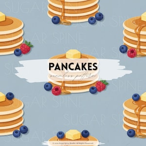 Puede incluir: Patrón sin costuras de tortitas con mantequilla, sirope, arándanos y frambuesas sobre fondo azul claro. El texto "PANCAKES seamless pattern" está presente. Copyright 2026 Sugar Spine Studio.