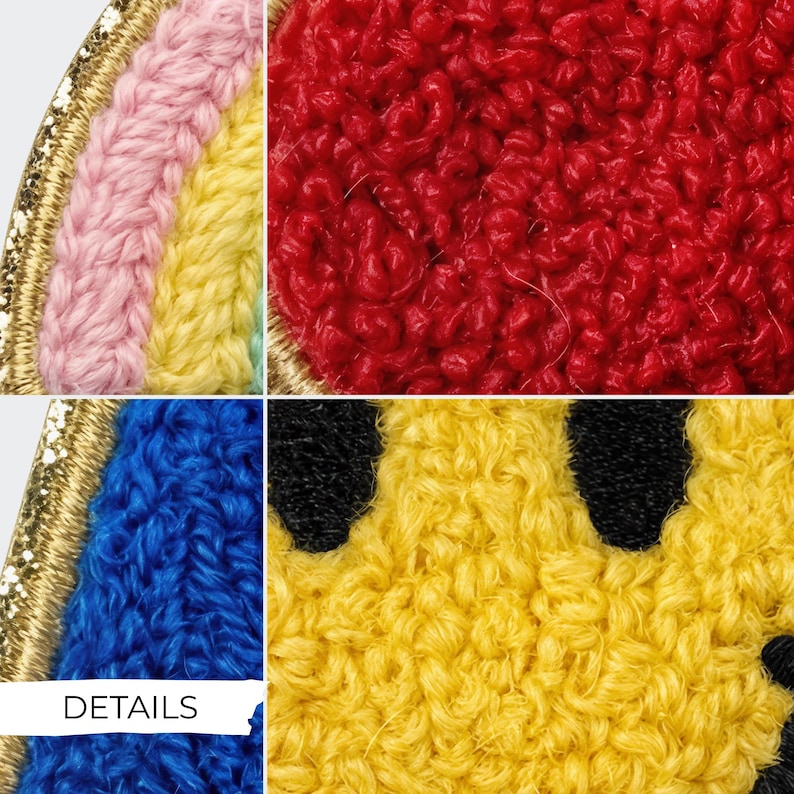 May include: Close-up of colorful embroidered patches. The patches feature a rainbow, a red heart, a blue shape, and a yellow design with black accents. The patches have a textured, looped appearance and are outlined with gold thread. The word "DETAILS" is visible.