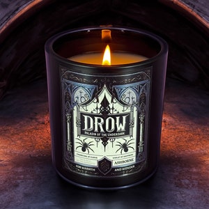 May include: Black candle jar with a gothic design and the words "Drow Paladin of the Underdark" on the label. The candle is lit and the label also includes the words "Charcoal & Clove" and "Violet & Saffron".