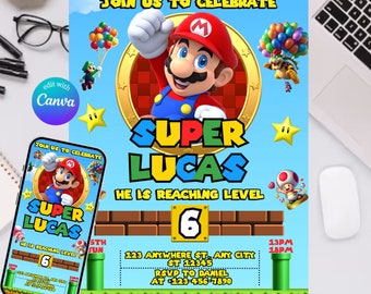 Invitación de cumpleaños de Super Mario, invitación de Mario Bros, invitación de Super Boy, videojuego, invitación para niños, plantilla editable, Canva editable