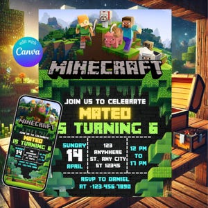 Invitación de cumpleaños editable de Minecraft, invitación de cumpleaños de Minecraft, invitación de jugador, plantilla editable de Canva