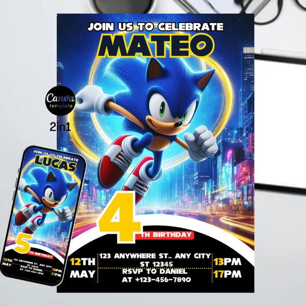 Sonic Birthday Invitation, Super Boys Party Invite, Super Sonic Party Invitation, Editable Sonic Invite Template, Canva Template