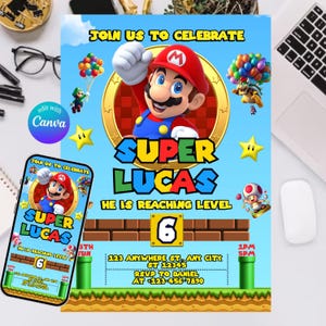Invito di compleanno Super Mario, invito Mario Bros, invito Super Boy, videogioco, invito per bambini, modello modificabile, Canva modificabile