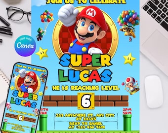 Super Mario Birthday Invitation, Mario Bros Invitation, Super Boy Invite, Video Game, Kid Invite, Editable Template, Editable Canva