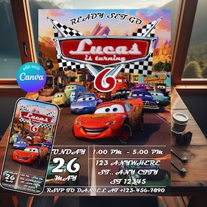Invitación de cumpleaños de Cars, invitación de McQueen, invitación de cumpleaños para niños, invitación digital editable e imprimible