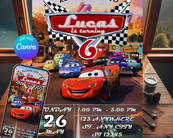 McQueen Cars-verjaardagsuitnodiging: bewerkbaar kinderfeestje (digitale uitnodiging)
