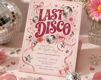 Uitnodiging voor een vrijgezellenfeest in de stijl van Last Disco, bewerkbaar sjabloon, roze discofeestuitnodiging, direct te downloaden