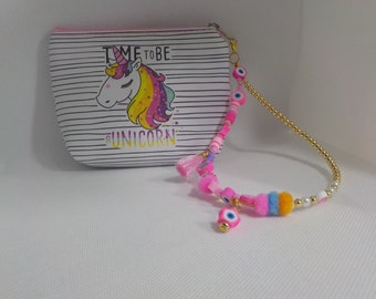 monedero de unicornio a rayas blancas con pulsera de correa cuentas de polímero accesorio de bolso de unicornio para su regalo para niños y mujeres