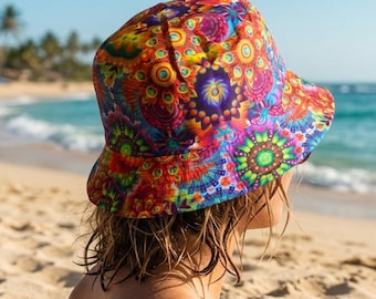 May include: A bucket hat featuring a vibrant, multi-colored kaleidoscopic pattern with circular mandala-like motifs in shades of red, orange, yellow, green, blue, and purple. The hat has a downward-sloping brim and a rounded crown structure.