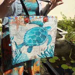 Tote bag sac de plage tissu wax tortue monde marin patchs roses piece unique grand cabs sac XXL rentree des classes cadeau pour tous