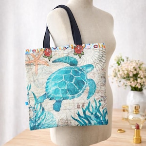 Tote bag sac de plage tissu wax tortue monde marin patchs roses piece unique grand cabs sac XXL rentree des classes cadeau pour tous