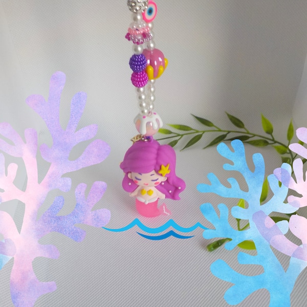 Chaine de télephone protable et ou bijou de sac porte cles kawaii perles peintes acrylique poupee sirène breloque thème mer cadeau pour elle