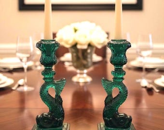 Vintage MMA Geen Imperial glass Koi fish candlesticks