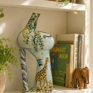 Signed Tazuko Studio Art Pottery Sculptural vase  / Pitcher, Safari animal  Design, Dated Feb 1996, One-of-a-Kind Ceramic Vessel